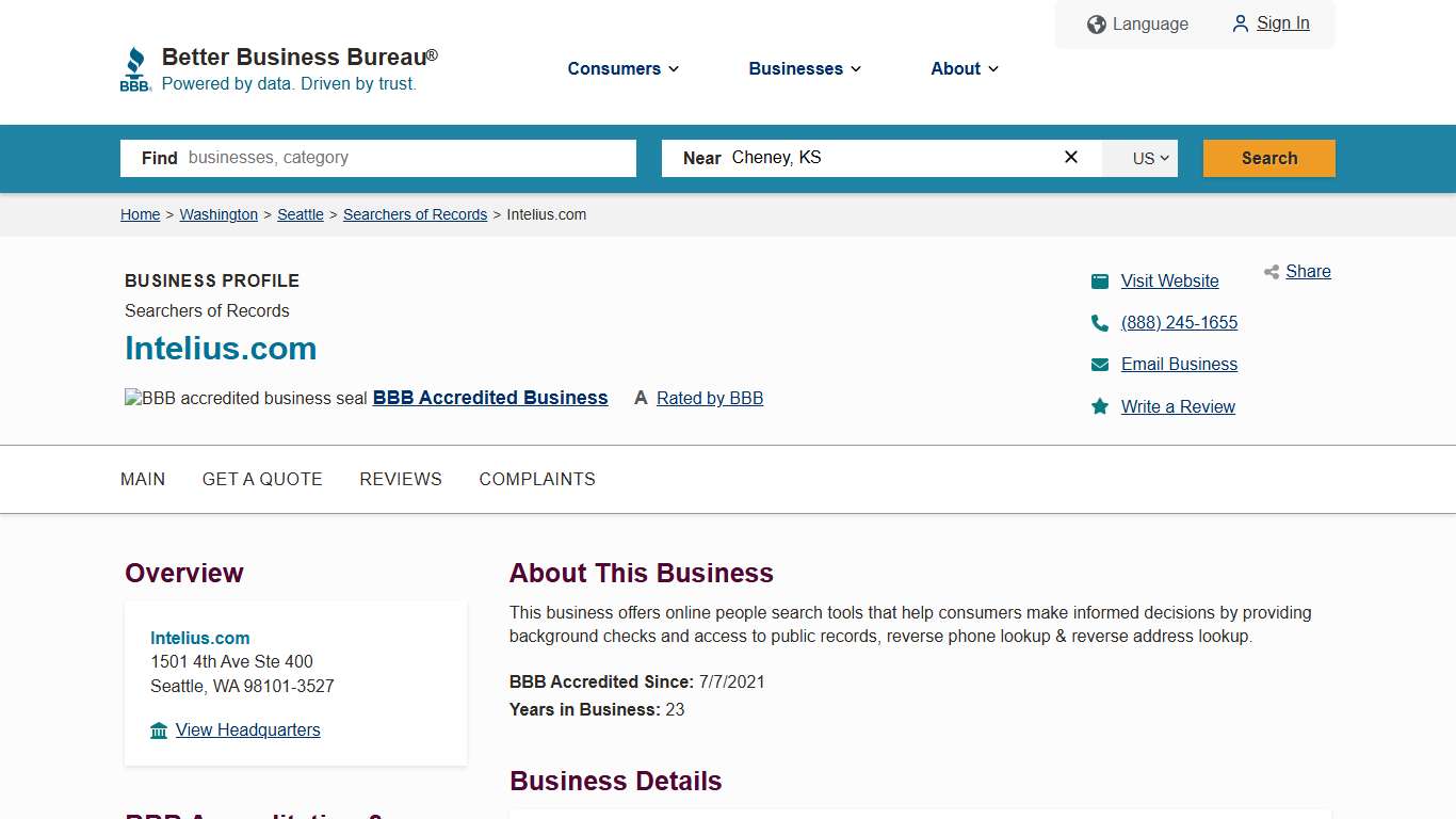 Intelius.com BBB Business Profile Better Business Bureau